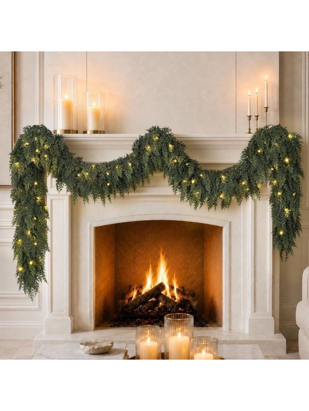 9FT Pre-lit Cedar Christmas Garland with Warm Lights - Holiday Home Decor
